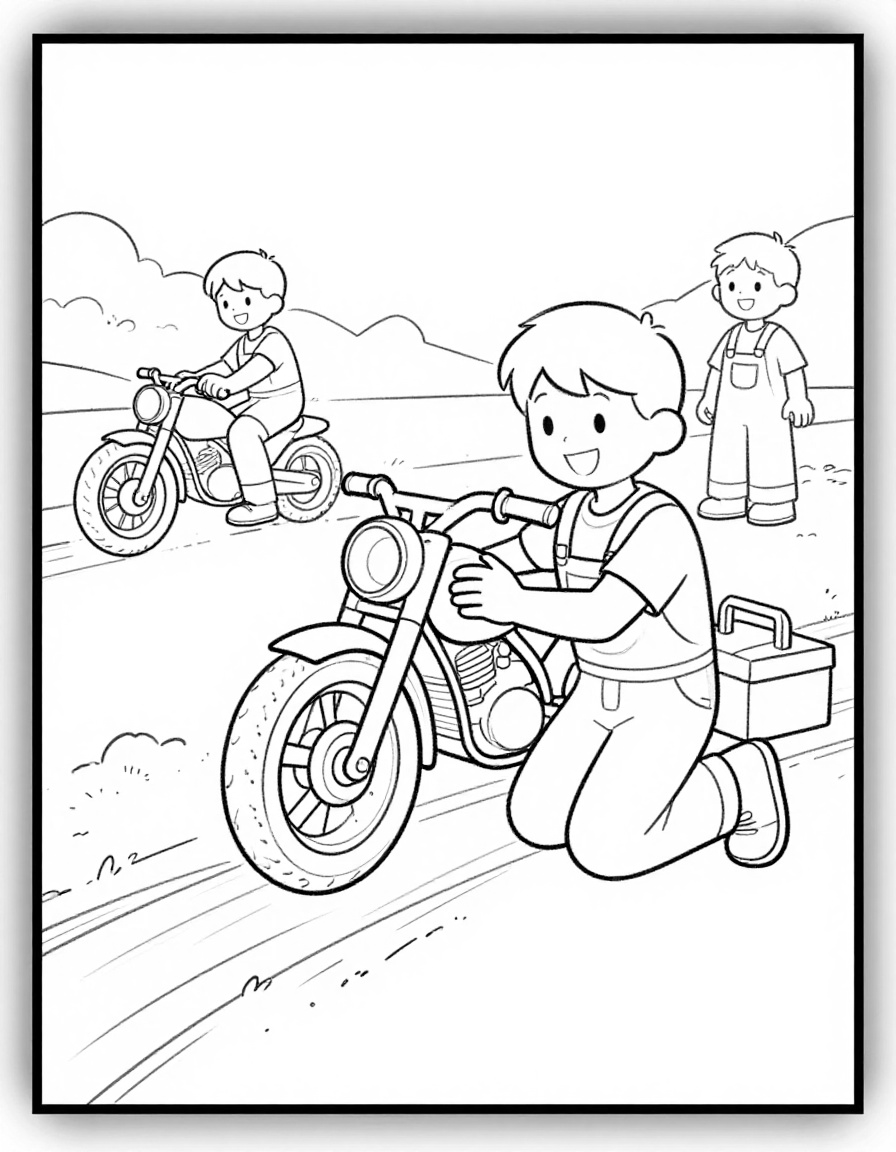 Kolorowanka przedstawia chłopca w kombinezonie klęczącego przy motocyklu żużlowym na torze, z drugim zawodnikiem w tle.