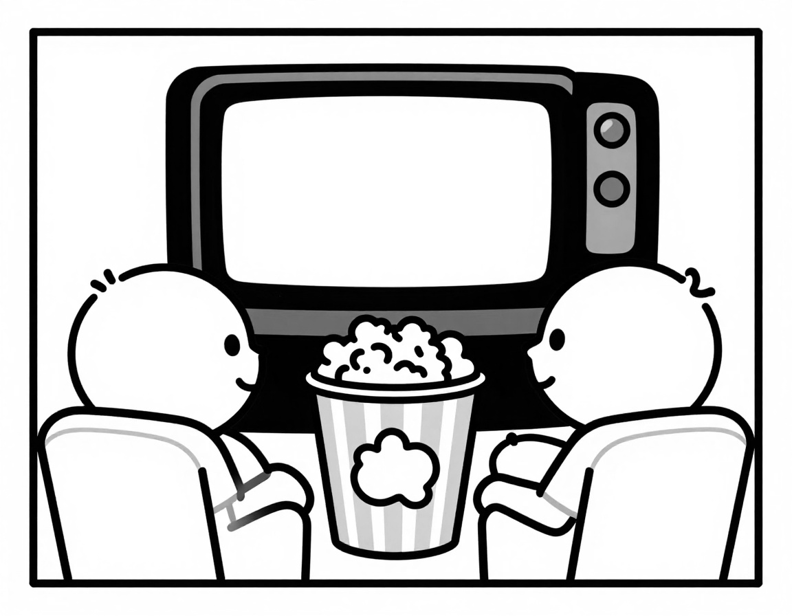 Kolorowanka przedstawia dwoje dzieci siedzących w kinowych fotelach przed ekranem telewizora i dzielących się dużym kubkiem popcornu.