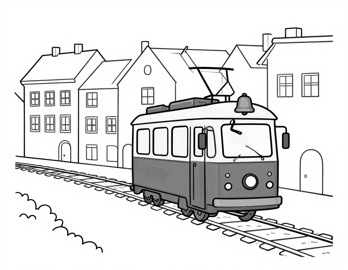 Kolorowanka przedstawia tramwaj jadący po brukowanej ulicy obok kolorowych kamienic.