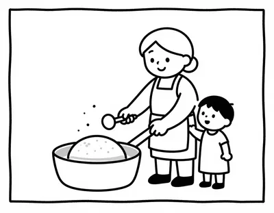Kolorowanka przedstawia babcię w fartuchu smażącą pączki w rondlu, obok stoi dziecko z cukrem pudrem.