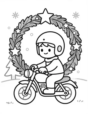 Kolorowanka przedstawia uśmiechniętego chłopca w kasku jadącego na małym motocyklu ozdobionym świątecznym wieńcem i gwiazdą, wśród padającego śniegu i choinek.