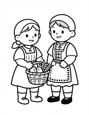 Kolorowanka przedstawia dwoje dzieci w tradycyjnych polskich strojach ludowych trzymających kosz ze zbożem i chlebem podczas dożynek.