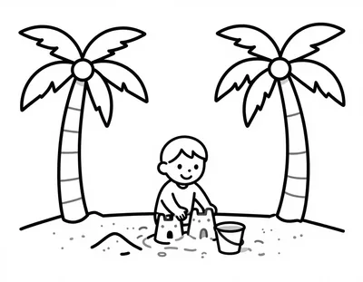 Kolorowanka przedstawia uśmiechnięte dziecko budujące zamek z piasku na plaży, pomiędzy dwiema wysokimi palmami, z wiaderkiem obok.