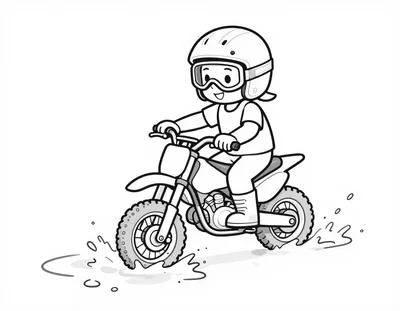 Kolorowanka z dzieckiem w kasku i goglach jadącym na małym motocyklu motocrossowym przez błotnistą kałużę na leśnej ścieżce.