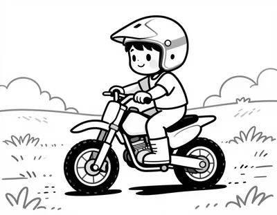Kolorowanka przedstawia uśmiechnięte dziecko w kasku jadące małym motocyklem motocrossowym po polnej drodze wśród trawy.