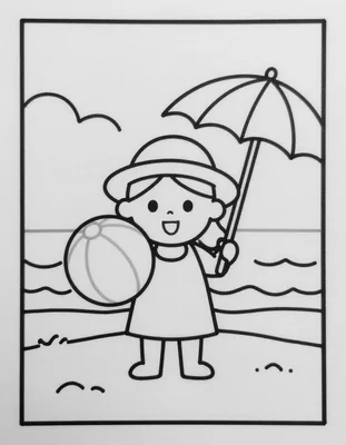 Kolorowanka przedstawia dziewczynkę w kapeluszu, która trzyma dużą piłkę plażową i parasol, stojąc na piasku nad morzem.