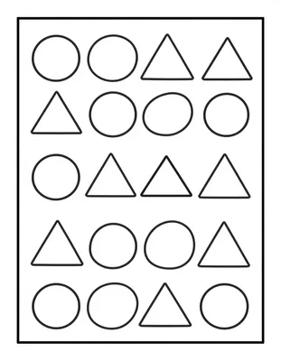 Kolorowanka z prostymi figurami geometrycznymi: kołami, trójkątami i kwadratami ułożonymi w rzędach.