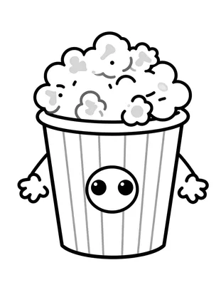 Kolorowanka przedstawia wesoły kubek popcornu z rączkami i uśmiechniętą buźką, obok stoi paski kubek.