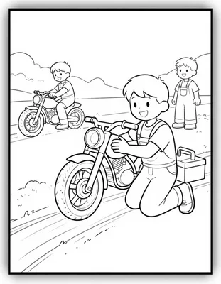 Kolorowanka przedstawia chłopca w kombinezonie klęczącego przy motocyklu żużlowym na torze, z drugim zawodnikiem w tle.