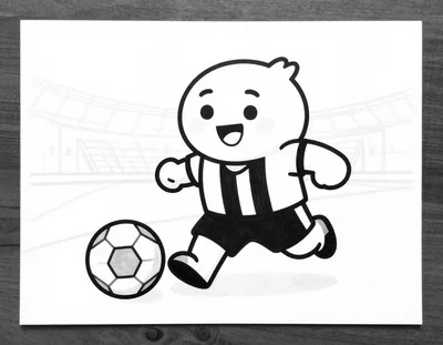 Kolorowanka przedstawia uśmiechniętego piłkarza w pasiastej koszulce, który prowadzi piłkę po boisku stadionu.