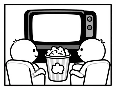 Kolorowanka przedstawia dwoje dzieci siedzących w kinowych fotelach przed ekranem telewizora i dzielących się dużym kubkiem popcornu.