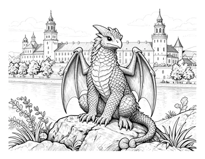 Kolorowanka ze smokiem wawelskim siedzącym na skale, z rozłożonymi skrzydłami, a w tle zamek na Wawelu i Wisła.