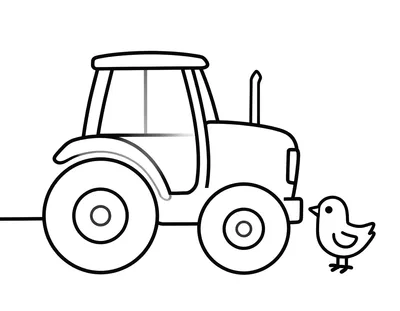 Kolorowanka przedstawia duży traktor z okrągłymi kołami i uśmiechniętą maską, stojący na polu obok małego ptaszka.