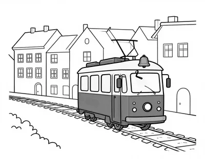 Kolorowanka przedstawia tramwaj jadący po brukowanej ulicy obok kolorowych kamienic.