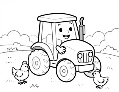 Kolorowanka przedstawia wesoły traktor z uśmiechniętą twarzą jadący po podwórku obok kury i piskląt.