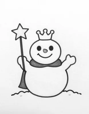 Kolorowanka przedstawia wesołego bałwanka z marchewkowym nosem, koroną na głowie i gwiazdką w dłoni, stojącego na śnieżnym wzgórzu.
