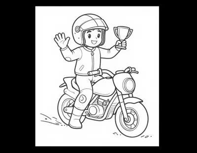 Kolorowanka przedstawia uśmiechniętego żużlowca w kasku i ochraniaczach, który stoi obok motocykla żużlowego i trzyma puchar.
